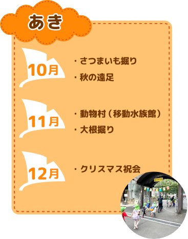 年間行事　秋
10月　さつまいも掘り/秋の遠足
11月　動物村（移動水族館）/大根掘り
12月　クリスマス祝会